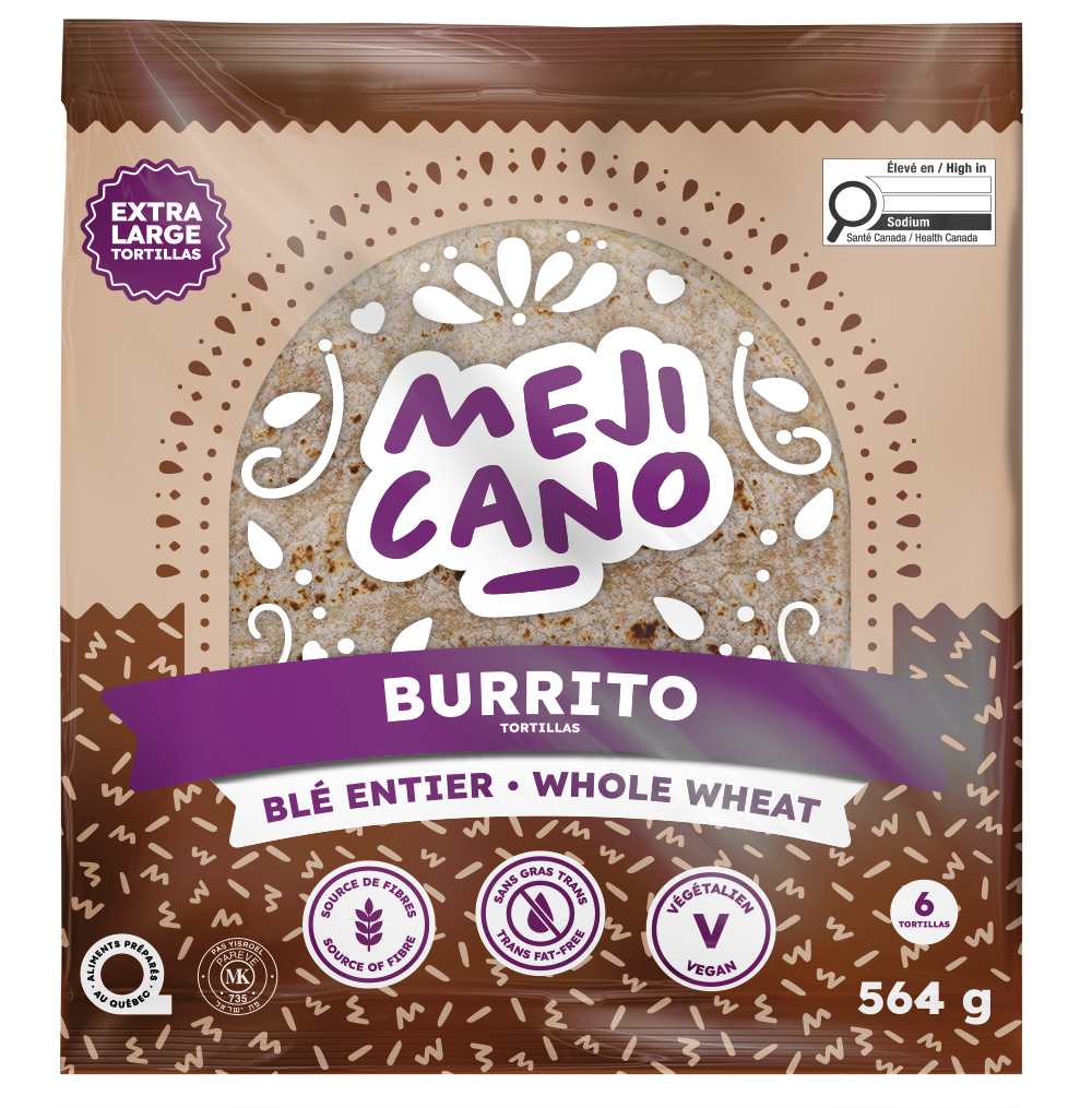 Un paquet de 6 tortillas Mejicano de style burrito, faites de blé entier. Le paquet affiche également les mentions "source de fibres", "sans cholestérol", "sans gras trans" et "végétalien".