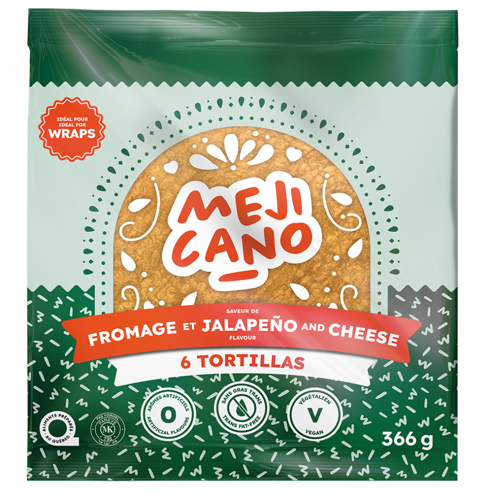 Un paquet de 9 tortillas à saveur de fromage et jalapeno de la marque Mejicano. Le paquet met en avant les qualités nutritionnelles du produit : sans gras trans, sans arômes artificiels et végétalien. Il porte également le logo "Aliments Préparés au Québec".